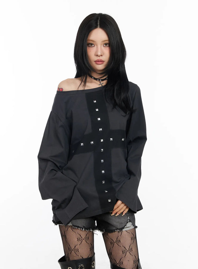 oversized-studded-off-shoulder-top-cd1202 / Dark gray