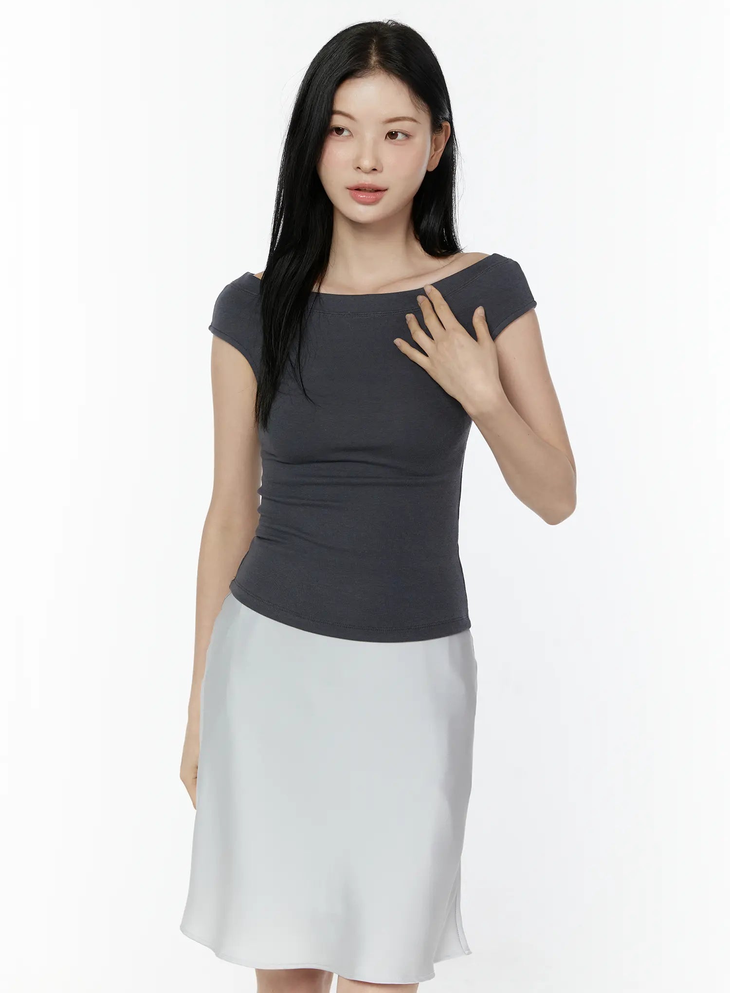 boat-neck-short-sleeve-top-iu505 / Dark gray