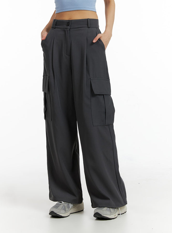 pintuck-cargo-wide-leg-pants-if402 / Dark gray