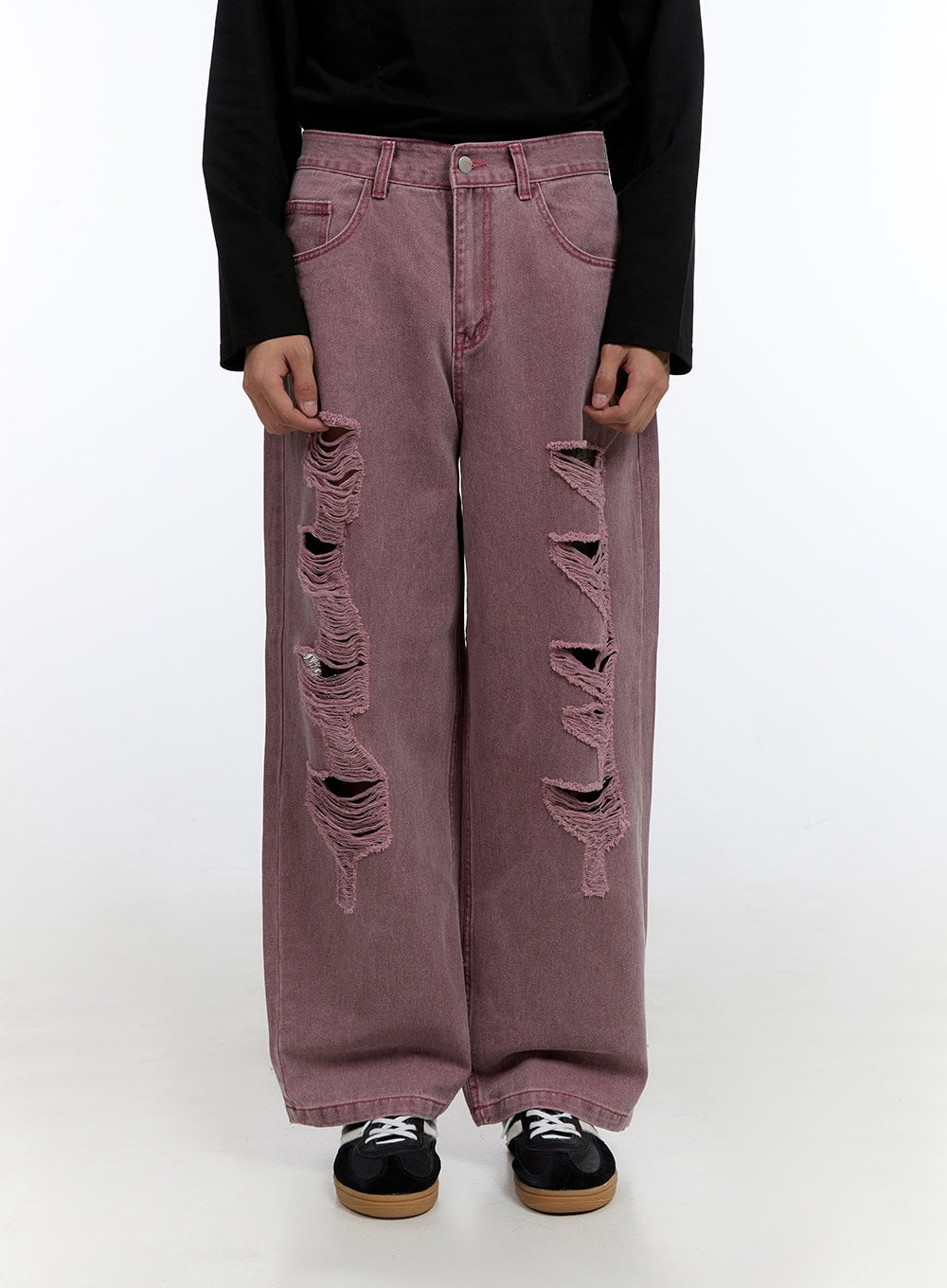 mens-distressed-wide-leg-pants-io428 / Dark red