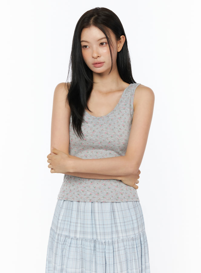floral-u-neck-tank-top-iu519 / Gray