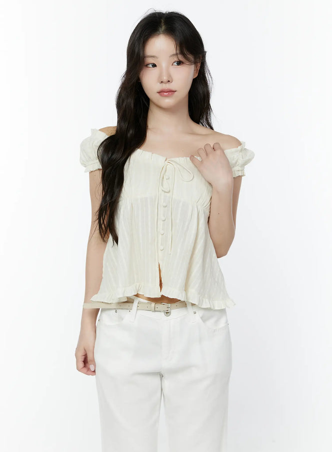 ruffled-off-shoulder-blouse-iy507 / Light beige