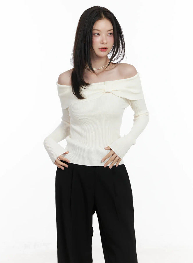 ribbon-off-shoulder-knit-long-sleeve-top-if520 / Light beige