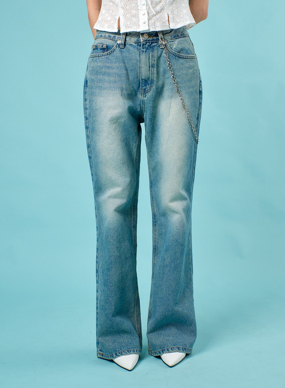 Washed Straight Leg Bootcuts Jeans IJ430 in Light blue, size L