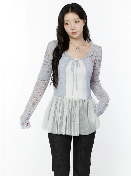 crochet-tie-front-cardigan-iy511 / Light blue