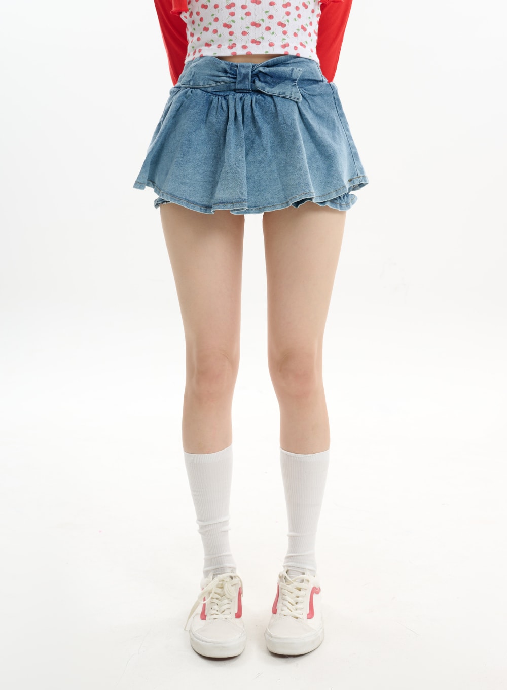 pleated-fringe-denim-mini-skirt-if413 / Light blue