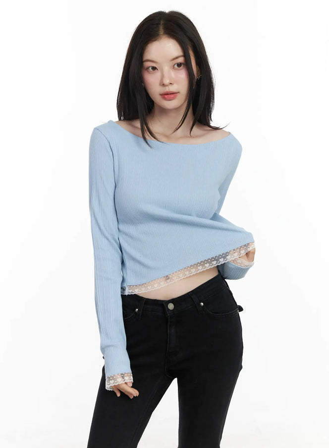 heart-lace-frill-hem-boat-neck-top-if520 / Light blue