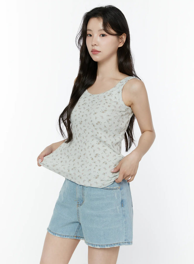 floral-ribbed-double-strap-tank-iy507 / Light blue