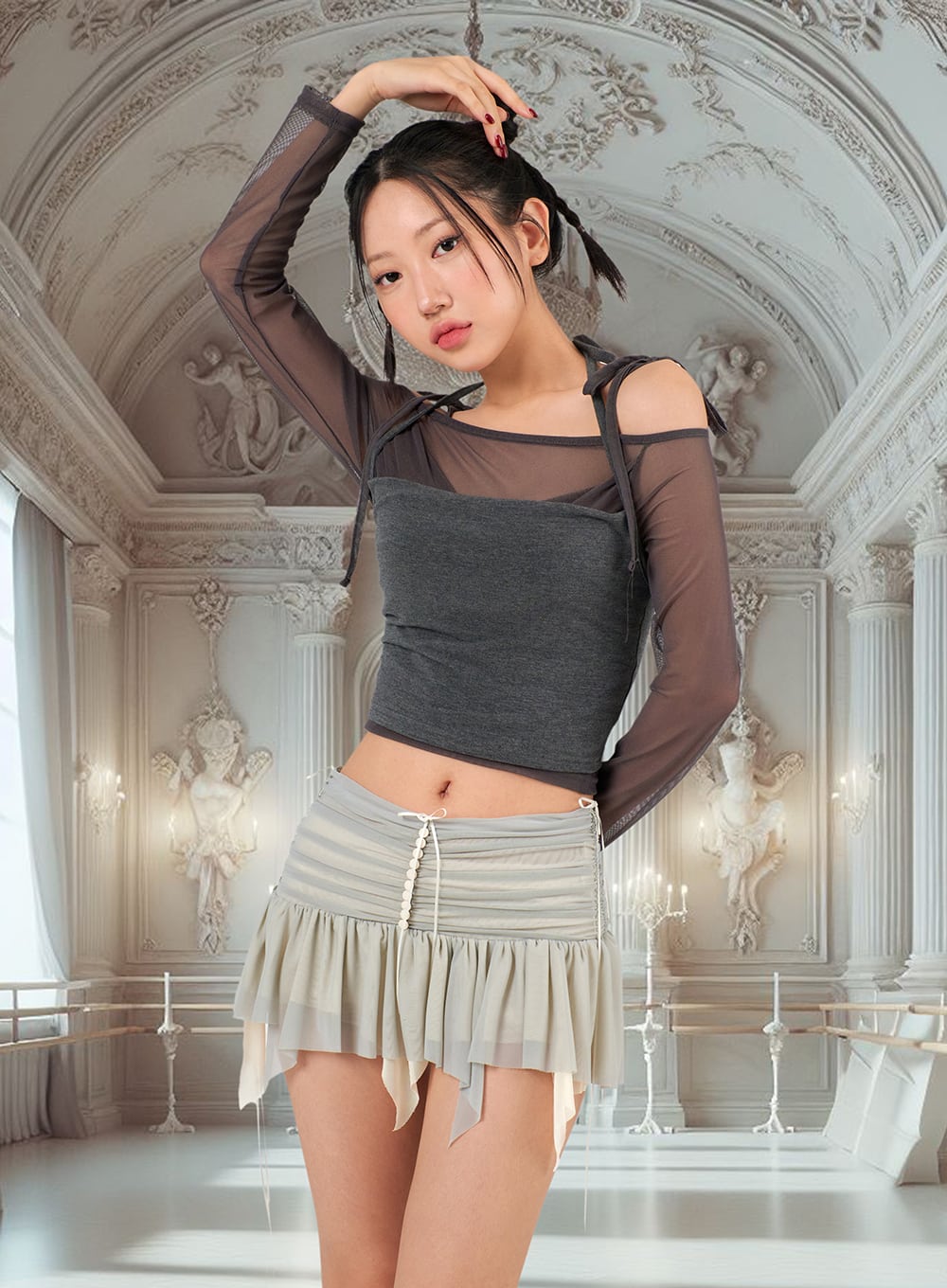 fairy-ruffled-mesh-mini-skirt-ij302 / Light gray