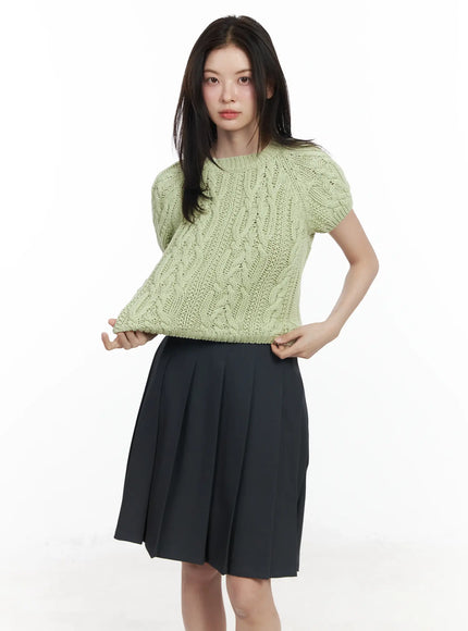 cable-knit-short-sleeve-top-if524 / Light green