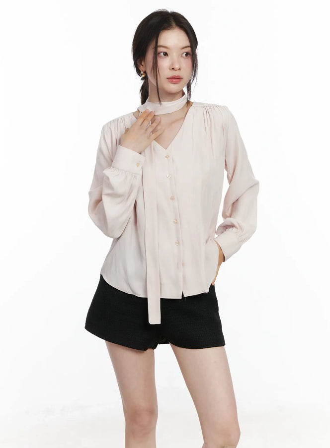 v-neck-shirred-blouse-and-scarf-set-if525 / Pink