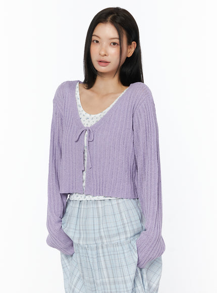 ribbed-knit-ribbon-bolero-cardigan-iu519 / Purple