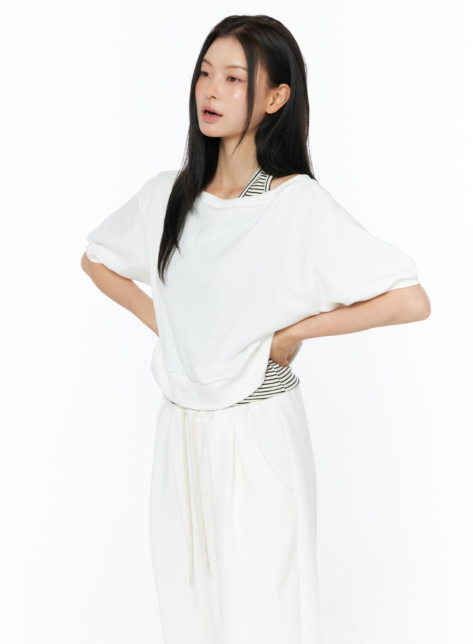 stripe-halter-neck-short-sleeve-set-iu516 / White