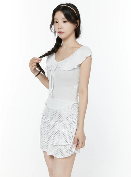 frill-ribbon-v-neck-off-shoulder-top-iy507 / White