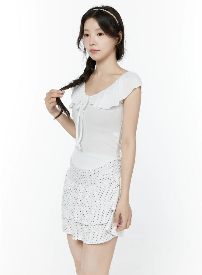frill-ribbon-v-neck-off-shoulder-top-iy507 / White