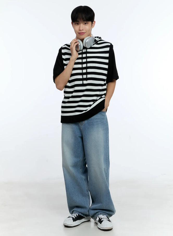 mens-striped-knit-sleeveless-hoodie-ig515 / White