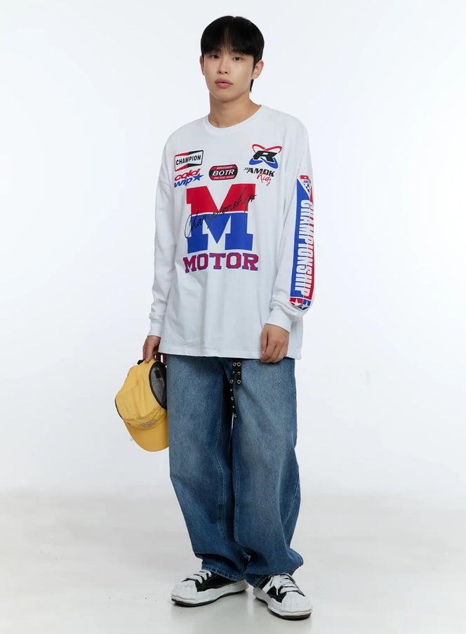 Men's Racing Graphic Long Sleeve T-Shirt IG515 in White, size M/L