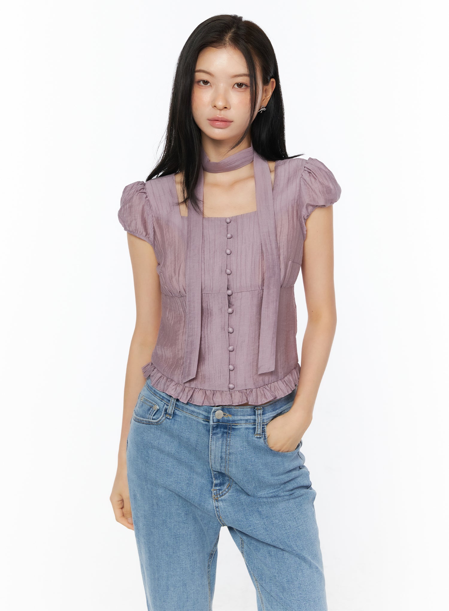 Puff Sleeve Shirred Blouse with Scarf IU519 in Purple, size S/M