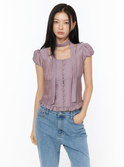 Puff Sleeve Shirred Blouse with Scarf IU519 in Purple, size S/M