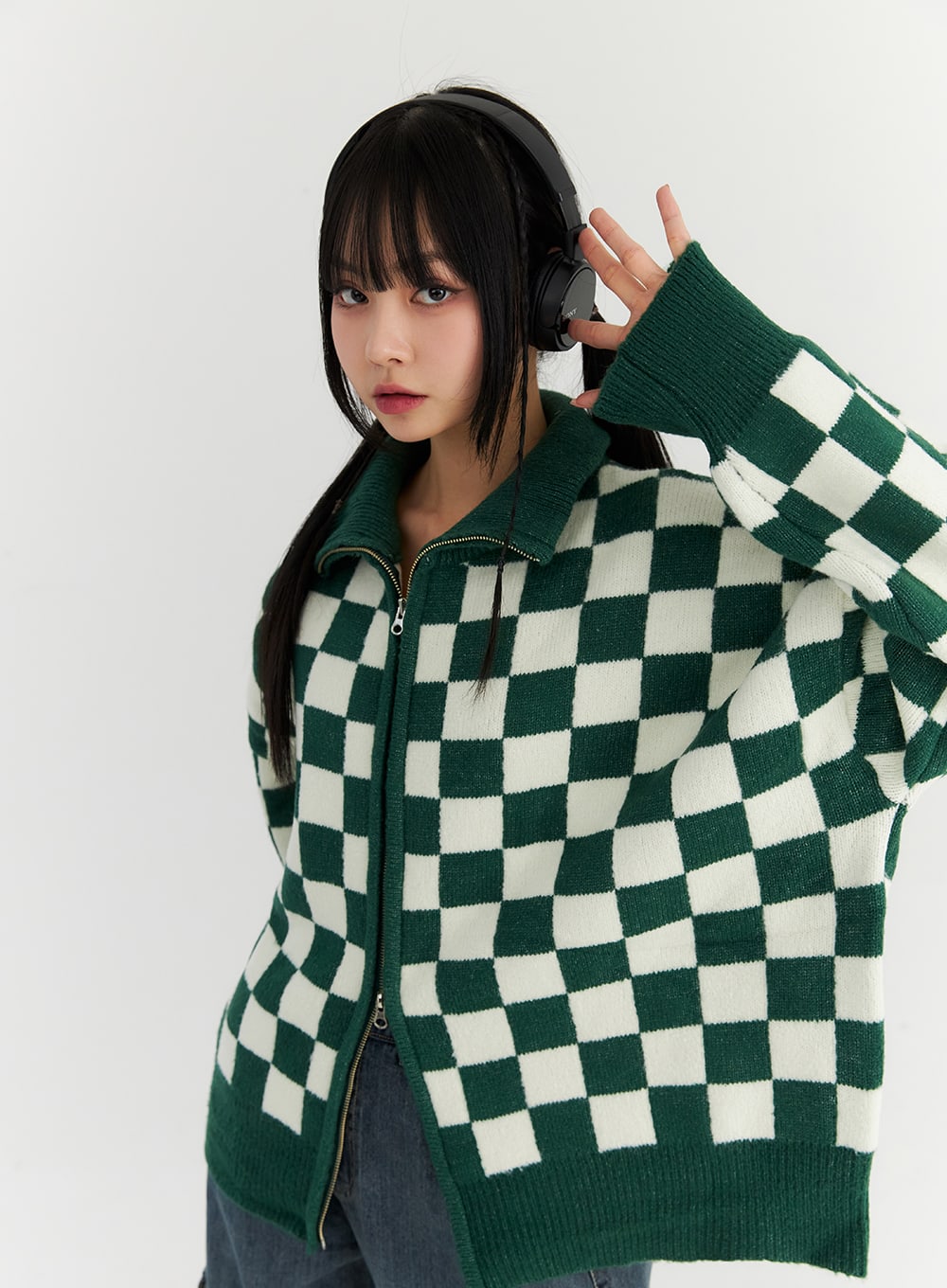 Oversized Check Zip-Up Knit Sweater CN307