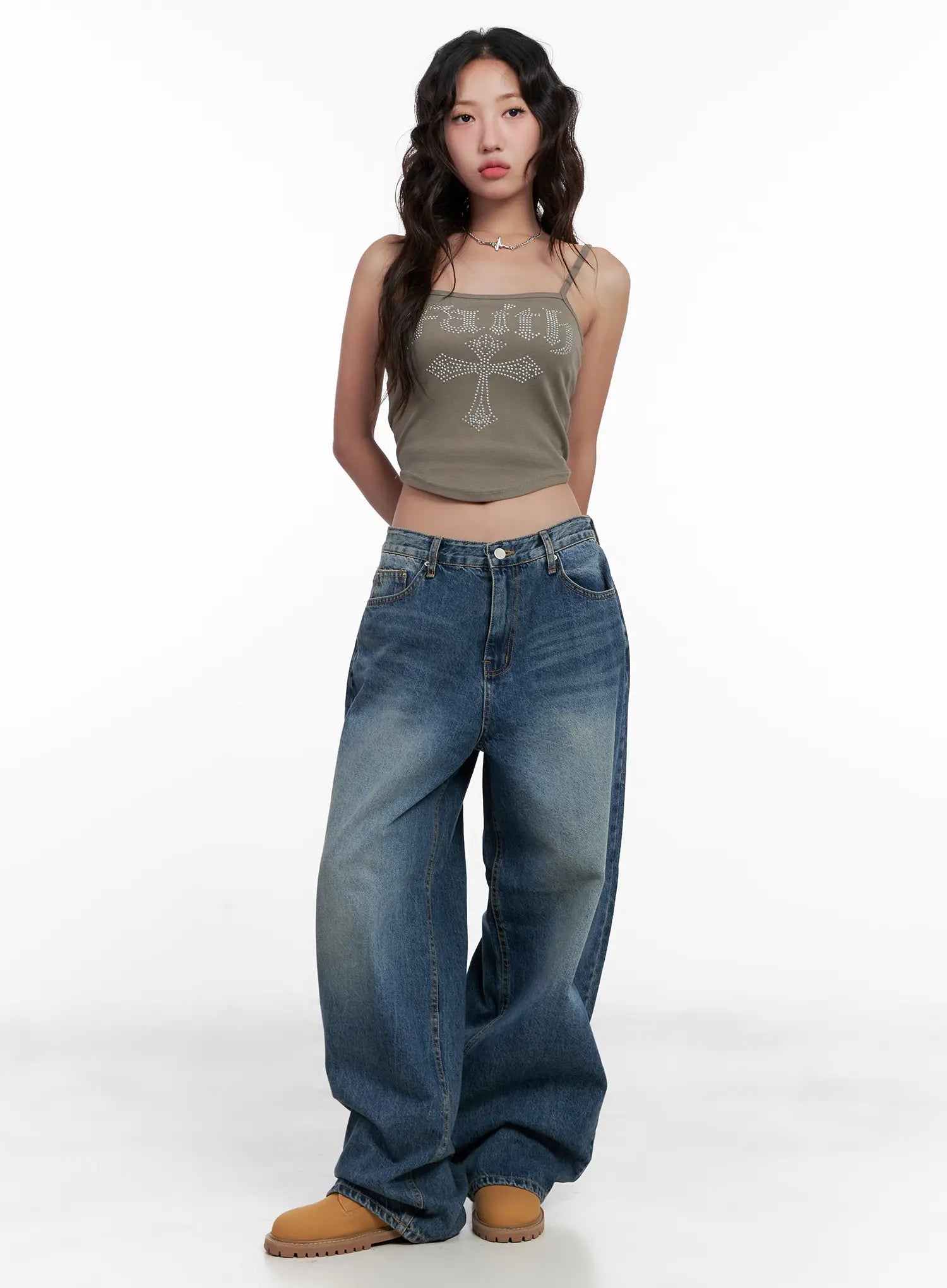 Miji Wide-Leg Washed Denim Jeans CL521 in dark blue, full-body front shot on model, wide-fit washed denim pooling at hem, styled with khaki rhinestone crop cami and tan boots.
