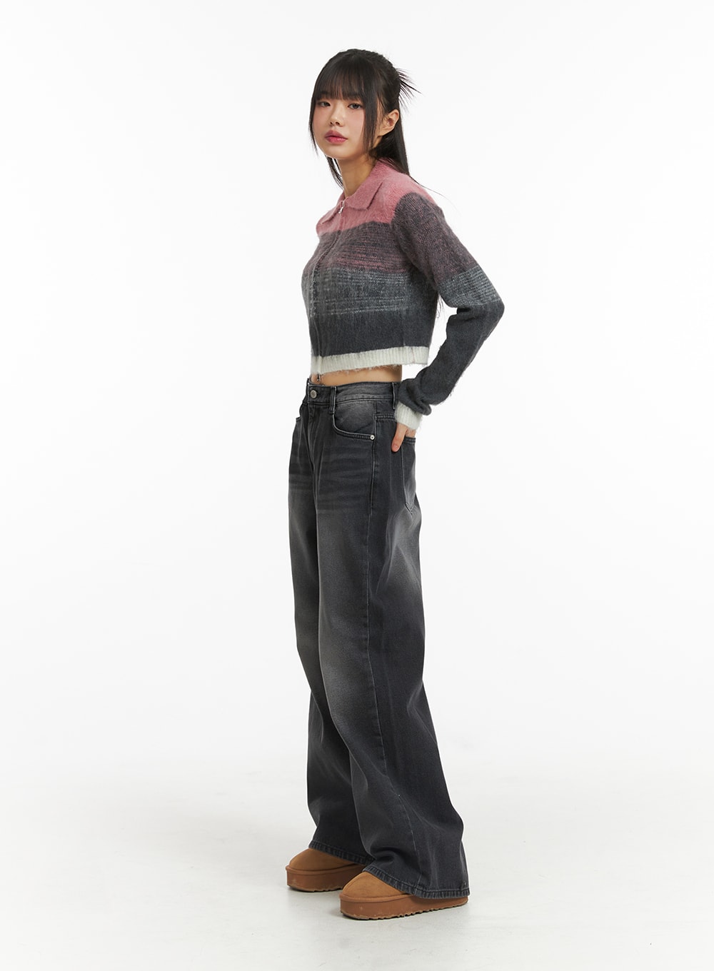 Denim Mid-Waist Pocket Wide Leg Jeans CJ415 in washed black, side full-body shot on model, wide-leg silhouette with subtle fade wash, paired with colour-block crop cardigan and platform shoes.