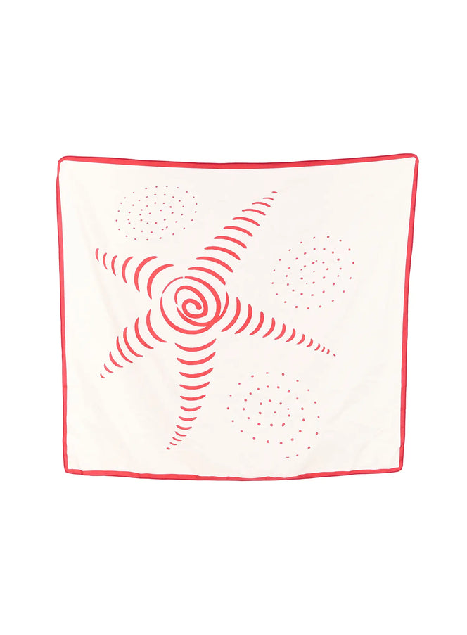 Red Swirl Print Scarf CU518 in red, flat product shot fully unfolded, cream square polyester scarf with red swirl star graphic and dot clusters, red contrast border edge visible on all sides.