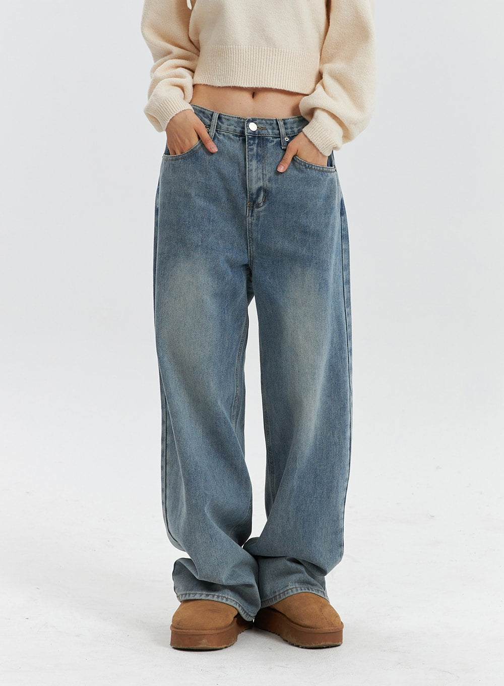 Mid Waist Washed Button Wide Leg Jeans OD320 in blue, front waist-to-hem close-up on model, mid-rise button closure, washed denim with faded highlights and wide straight leg.