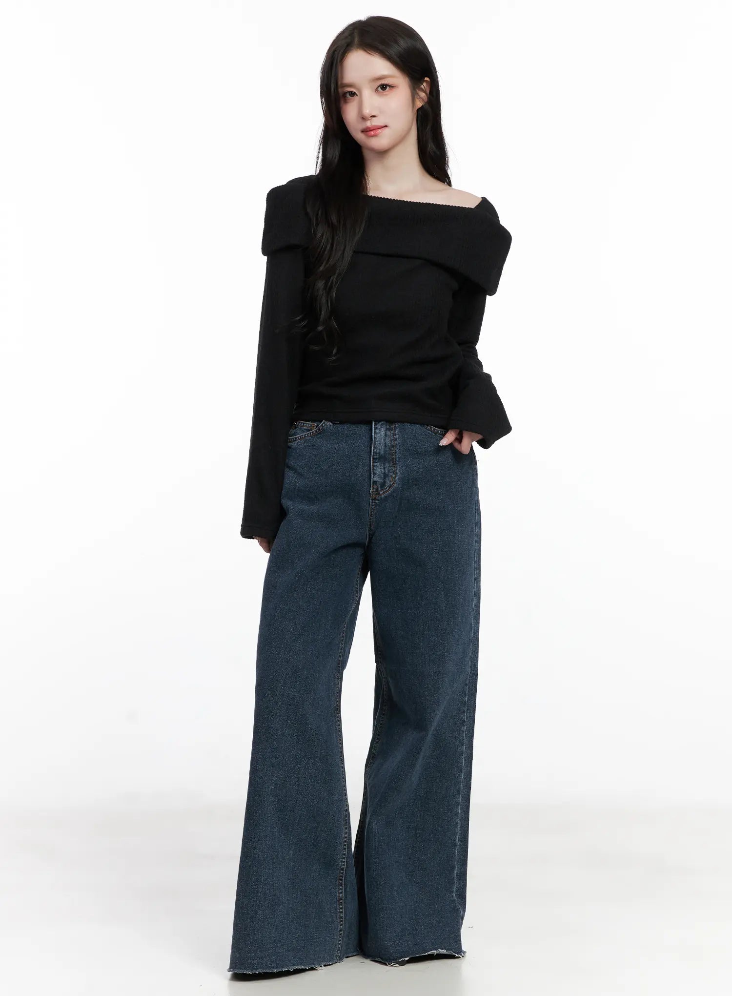 Louisa Ultra Wide Flared Jeans CN527 in dark blue, full-body front on model, washed wide-leg denim with flared hem, styled with black off-shoulder knit top and white sneakers.