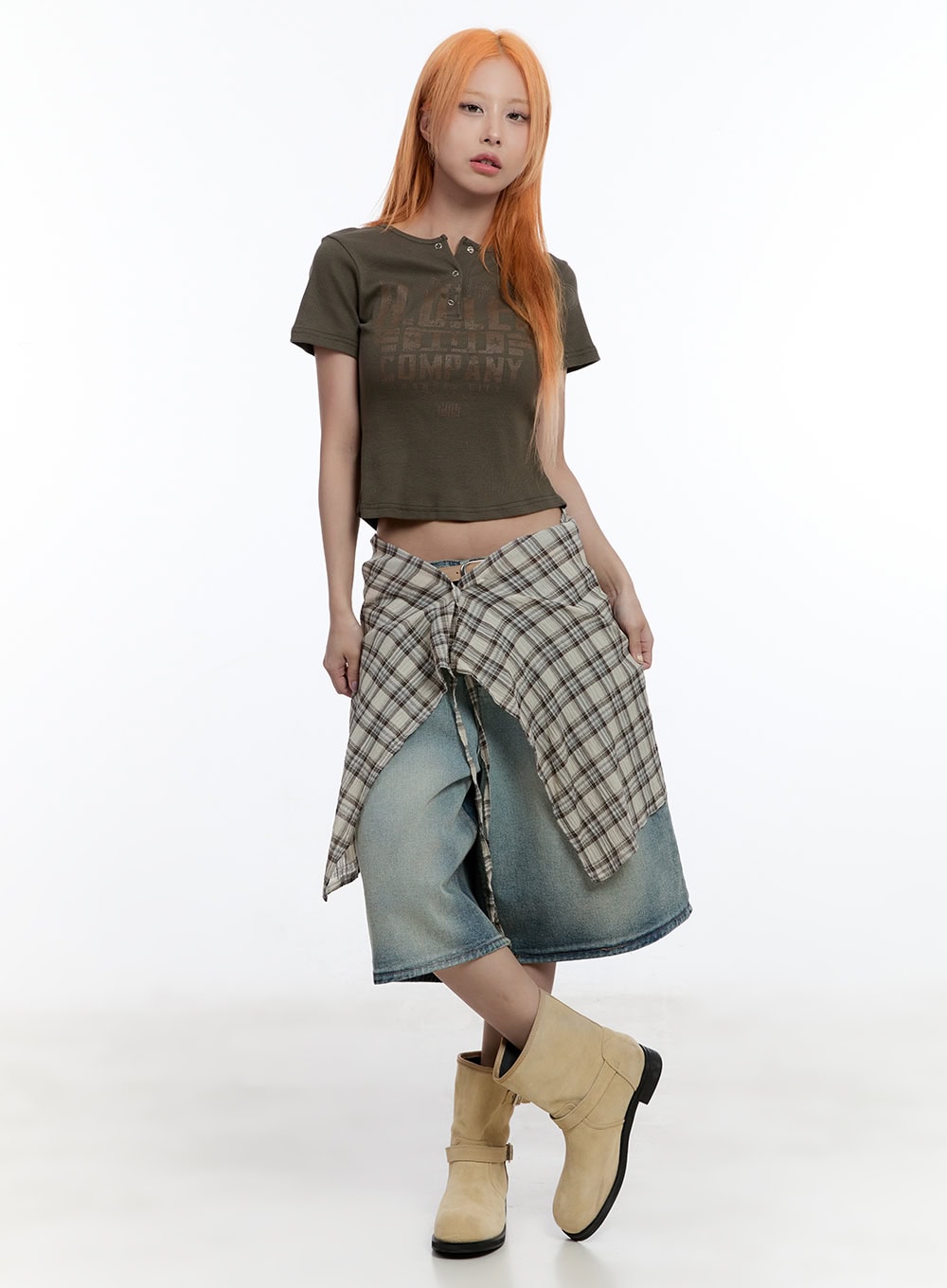 Washed Midi Baggy Jorts CY530 in blue, full-body front on model, styled with olive crop tee and plaid shirt tied at waist, beige boots.