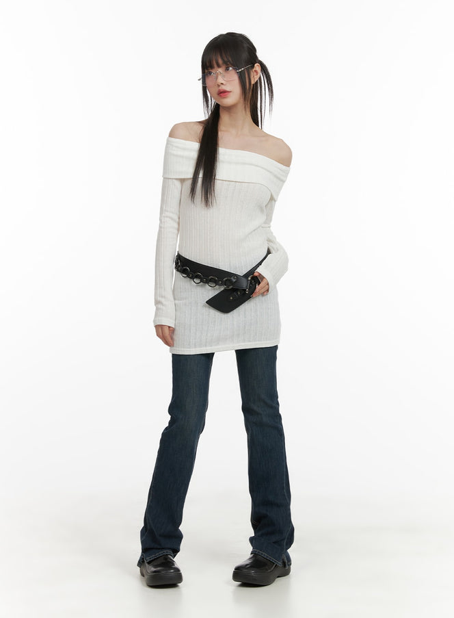 Slim Fit Bootcut Jeans CA418 in dark blue, full-body front view on model, slim fit with gentle flare hem, styled with white off-shoulder knit top and black belt bag.
