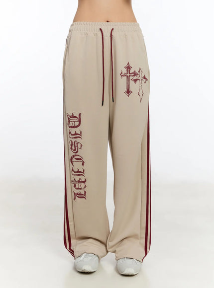 graphic-print-wide-track-pants-ca508 / Beige