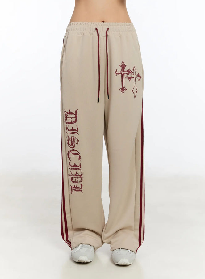 graphic-print-wide-track-pants-ca508 / Beige