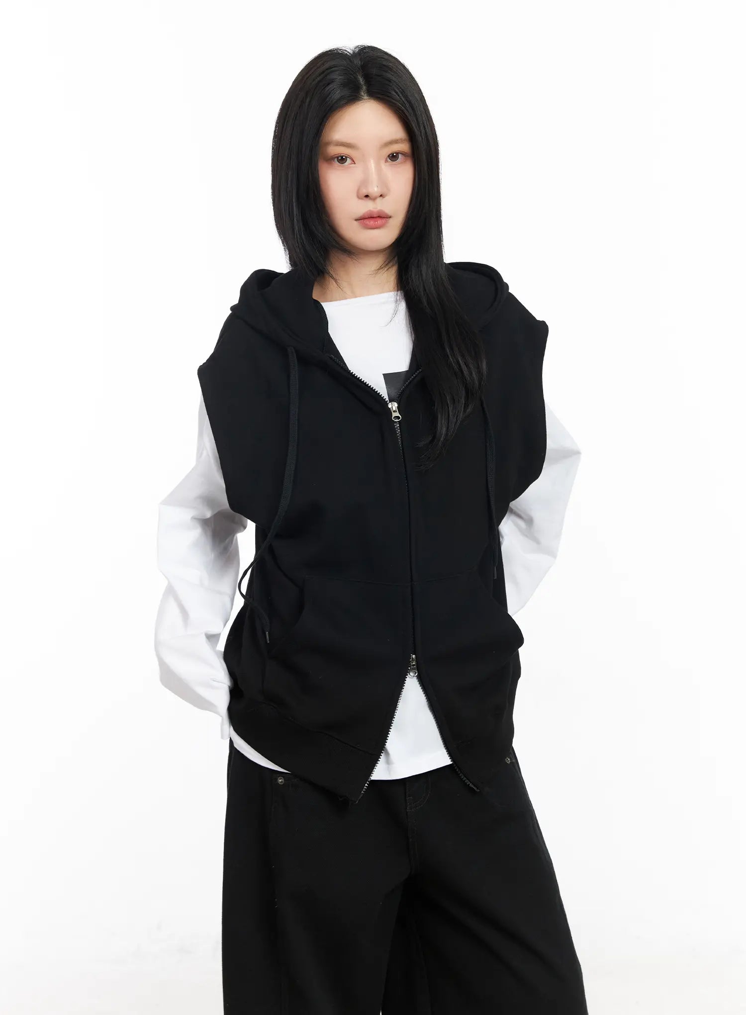 oversized-hooded-zip-up-vest-cm516 / Black