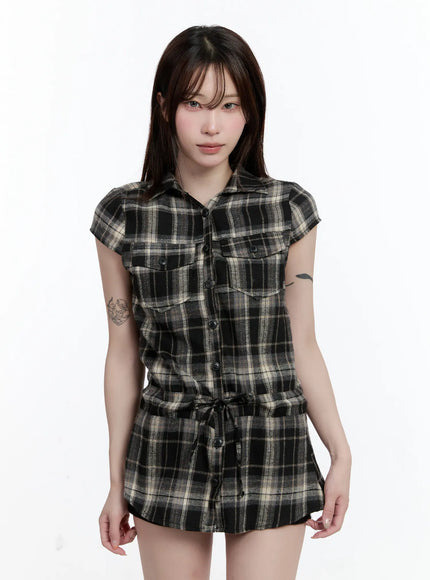 plaid-short-sleeve-mini-dress-cn525 / Black