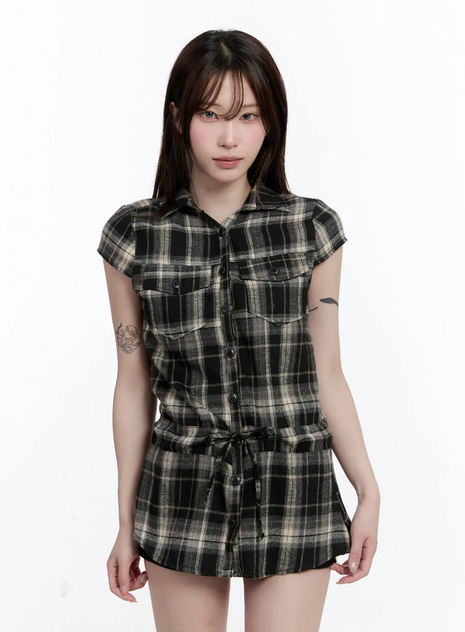 plaid-short-sleeve-mini-dress-cn525 / Black