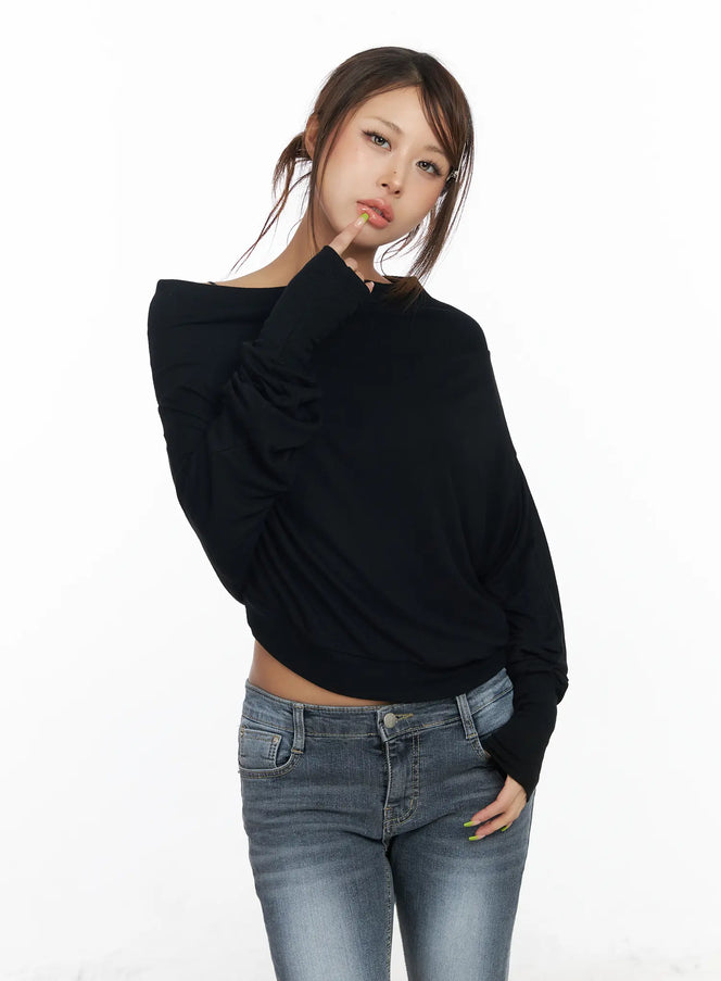 asymmetric-one-shoulder-long-sleeve-top-cf513 / Black
