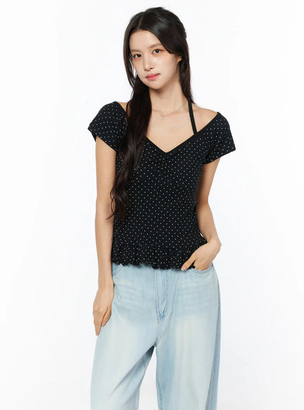 frill-hem-polka-dot-halter-short-sleeve-top-cu522 / Black