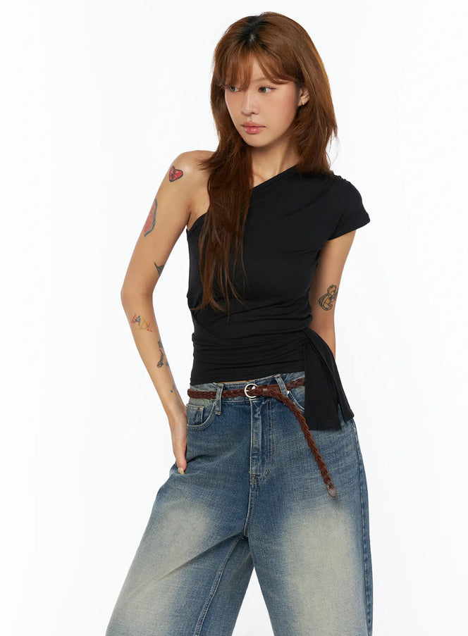asymmetric-one-shoulder-tie-top-cu517 / Black