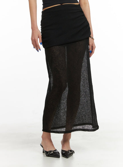 shirred-sheer-maxi-skirt-cy424 / Black