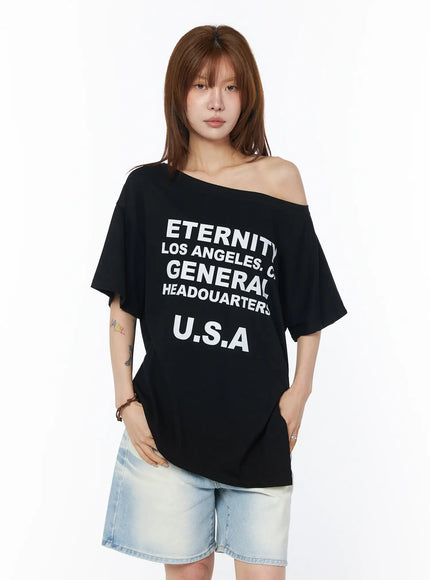 off-shoulder-graphic-t-shirt-cy528 / Black