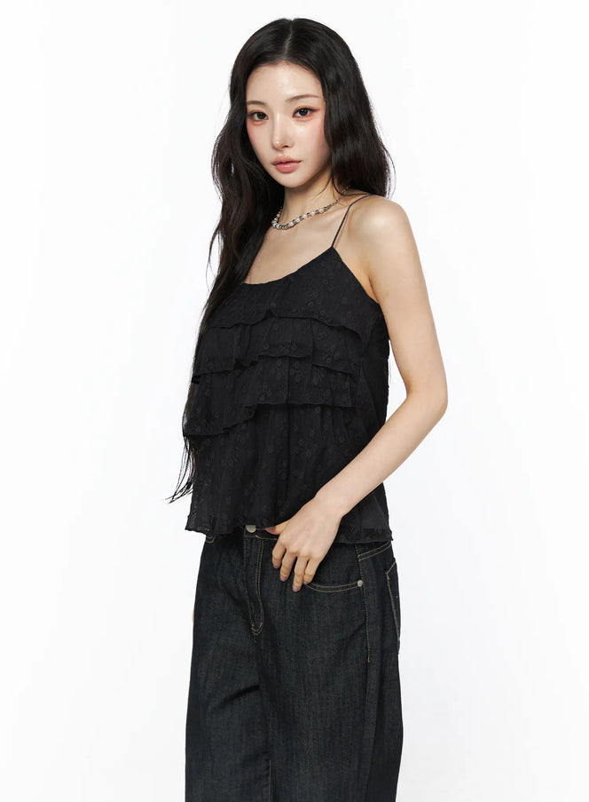 lace-ruffle-sleeveless-blouse-cu511 / Black