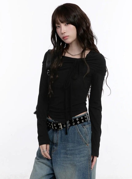 asymmetrical-tie-detail-long-sleeve-top-co501 / Black