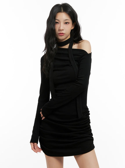 shirred-off-shoulder-mini-dress-cn416 / Black