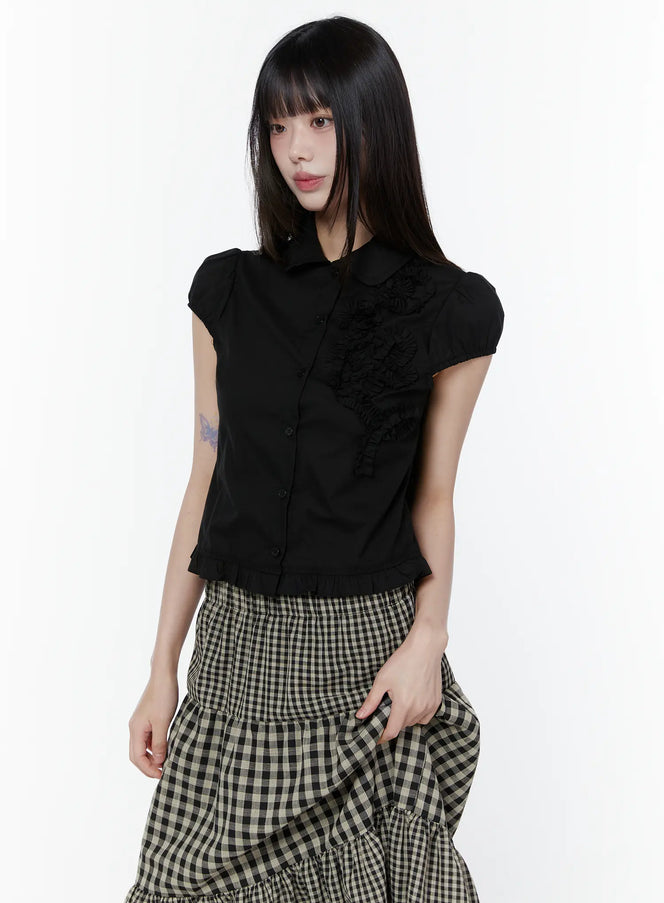romantic-flower-frill-short-sleeve-blouse-cu505 / Black