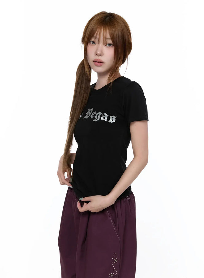 lettering-print-t-shirt-ca522 / Black