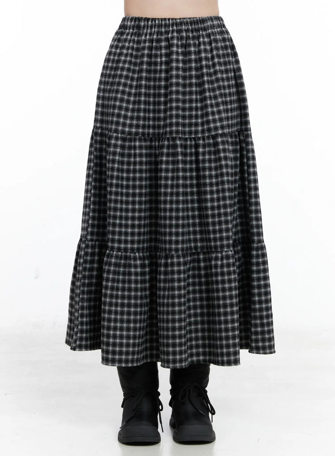 checkered-flare-maxi-skirt-cn519 / Black