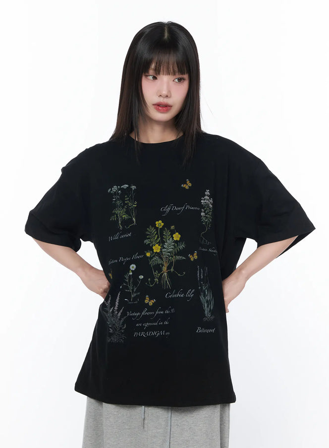 oversized-floral-print-t-shirt-ca528 / Black