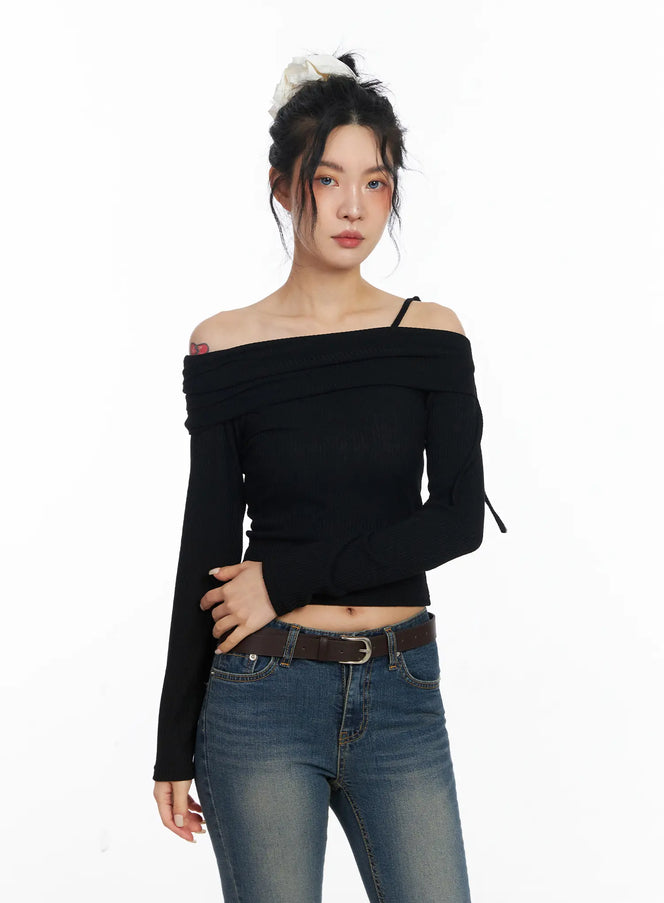 off-shoulder-ribbon-crop-top-cj523 / Black