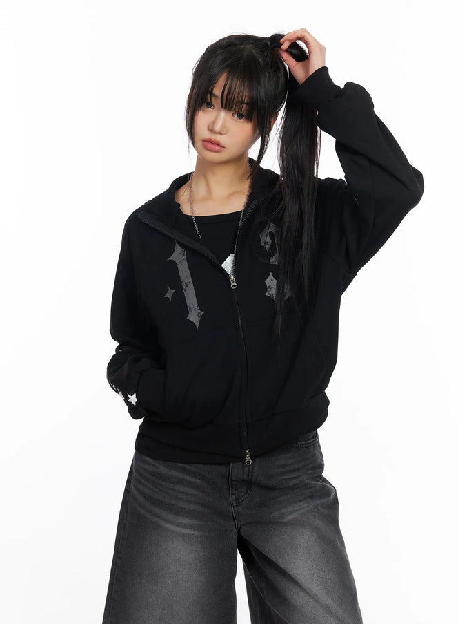 star-graphic-lined-sporty-zip-up-jacket-cf504 / Black
